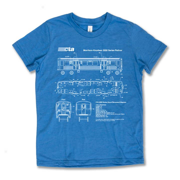 El Train Blueprint Schematic Carolina Blue - Youth Tee for wholesale by Transit Tees