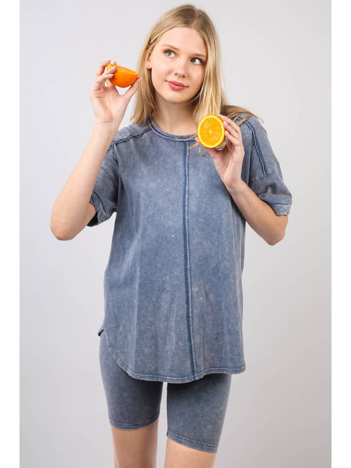 VERY J - Wholesale Activewear Set - Women's - NT11590SET-Washed Stretchy Knit Activewear Top & Shorts