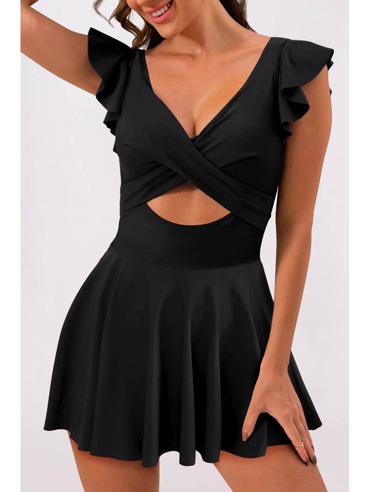 Black Ruffle Crossed Cutout Swimdress for wholesale on Faire