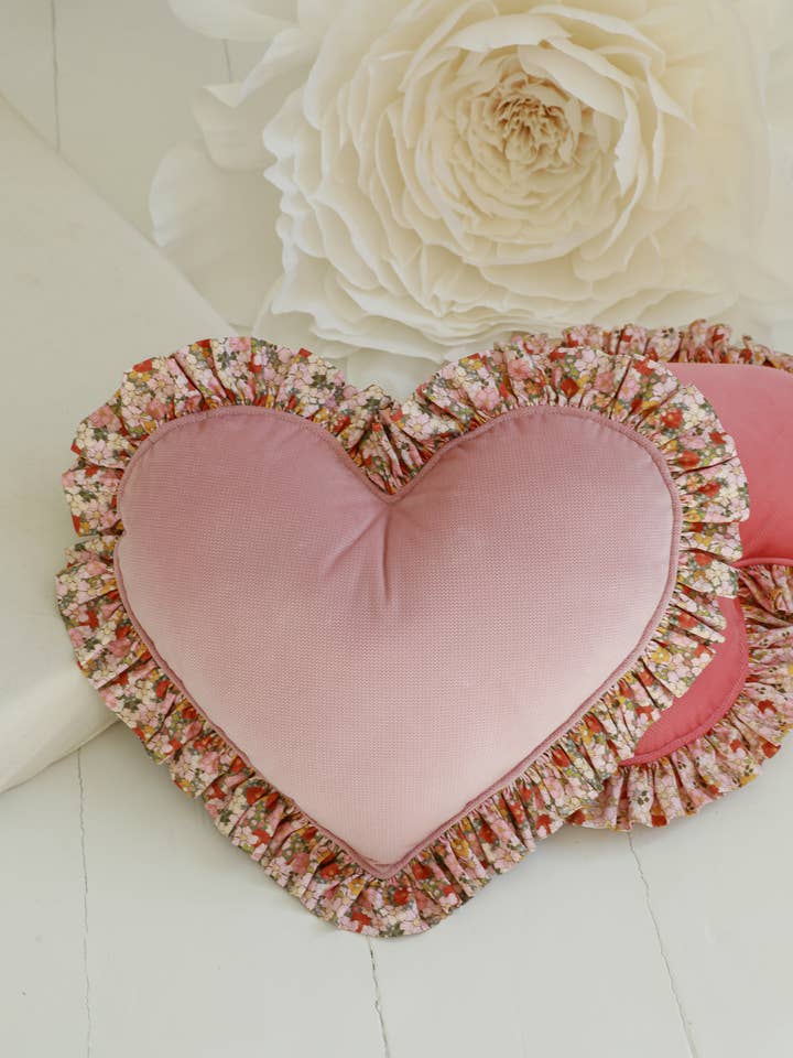 Double-sided Heart pillow with frill “green garden" for wholesale by Moi Mili