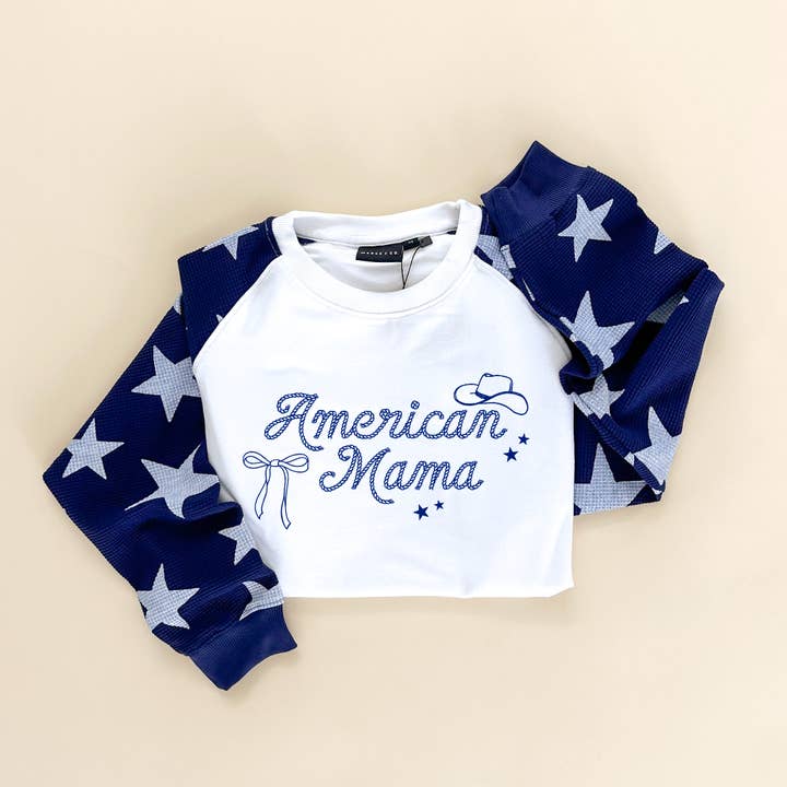 Marin/ Vit American Mama Western Vuxen Våffelärm Stjärna Crewneck - Marinblå/Vit för wholesale på Faire
