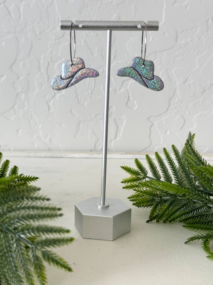 silver, cowboy hat earrings, cowgirl earrings, western for wholesale by midnightclayco