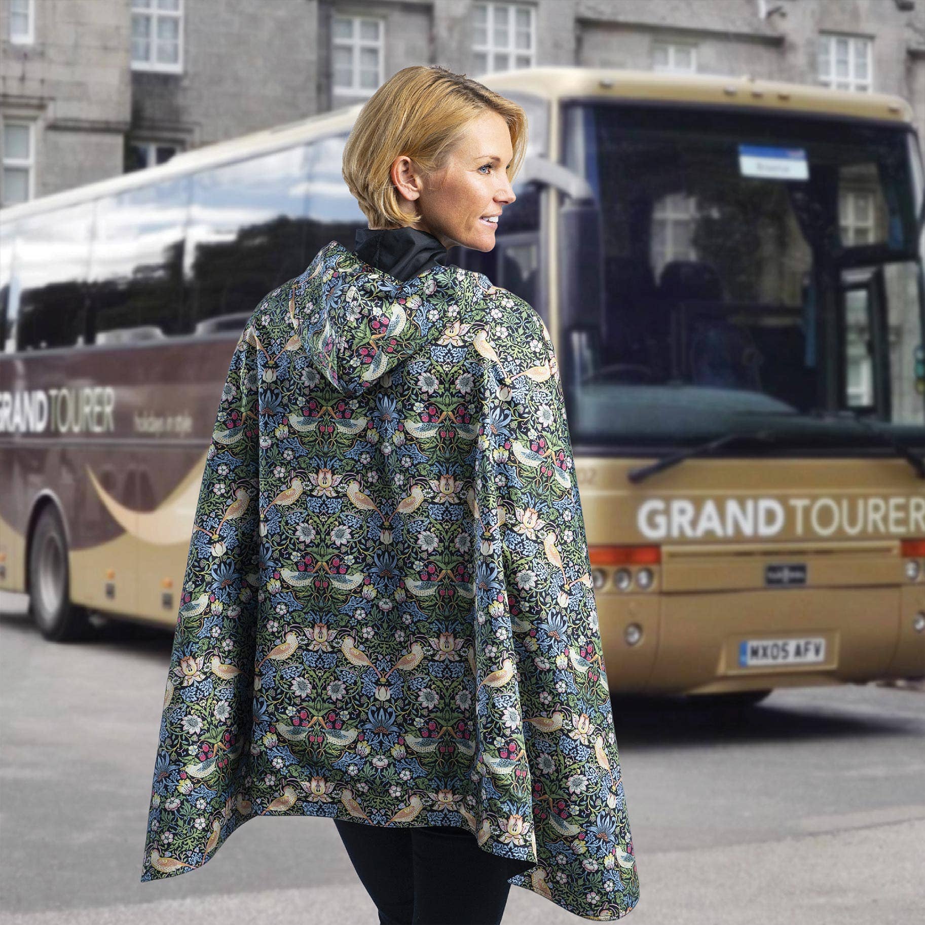 RainCaper - Wholesale Poncho - Women's - William Morris Strawberry Thief & Black Reversible Rain Cape Poncho – Hooded Womens Wrap3