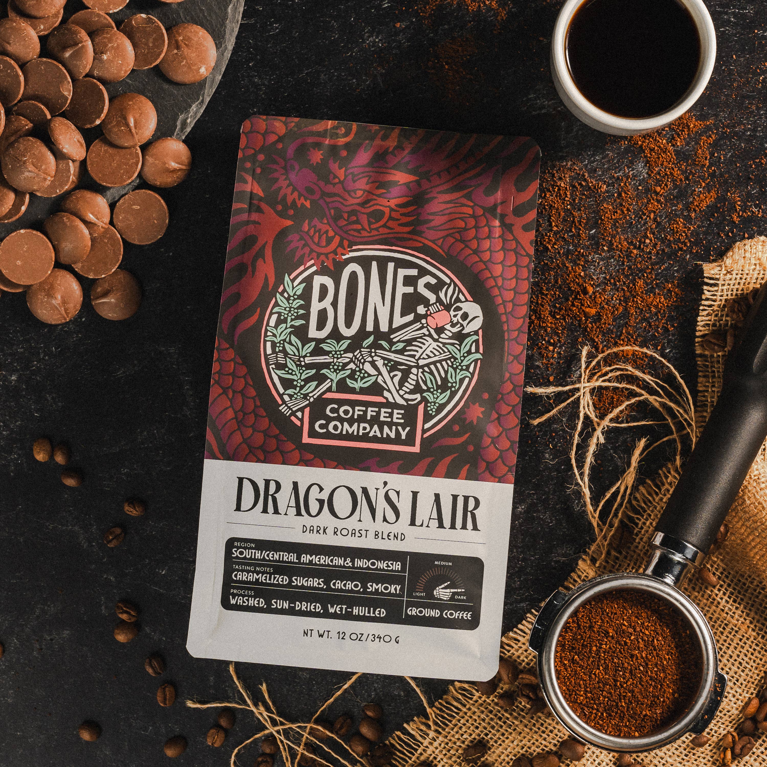 Bones Coffee Company - Wholesale Coffee Beans - Dragon's Lair Dark Roast Coffee | 12oz | Whole Bean & Ground7