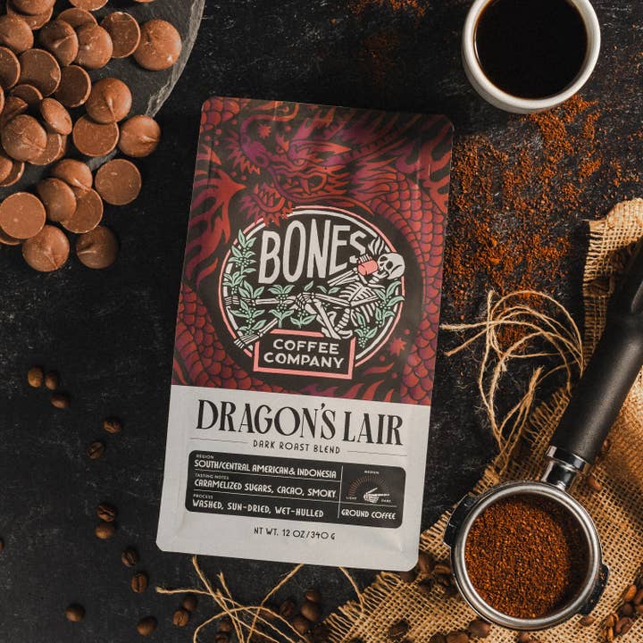 Bones Coffee Company - Wholesale Coffee Beans - Dragon's Lair Dark Roast Coffee | 12oz | Whole Bean & Ground7