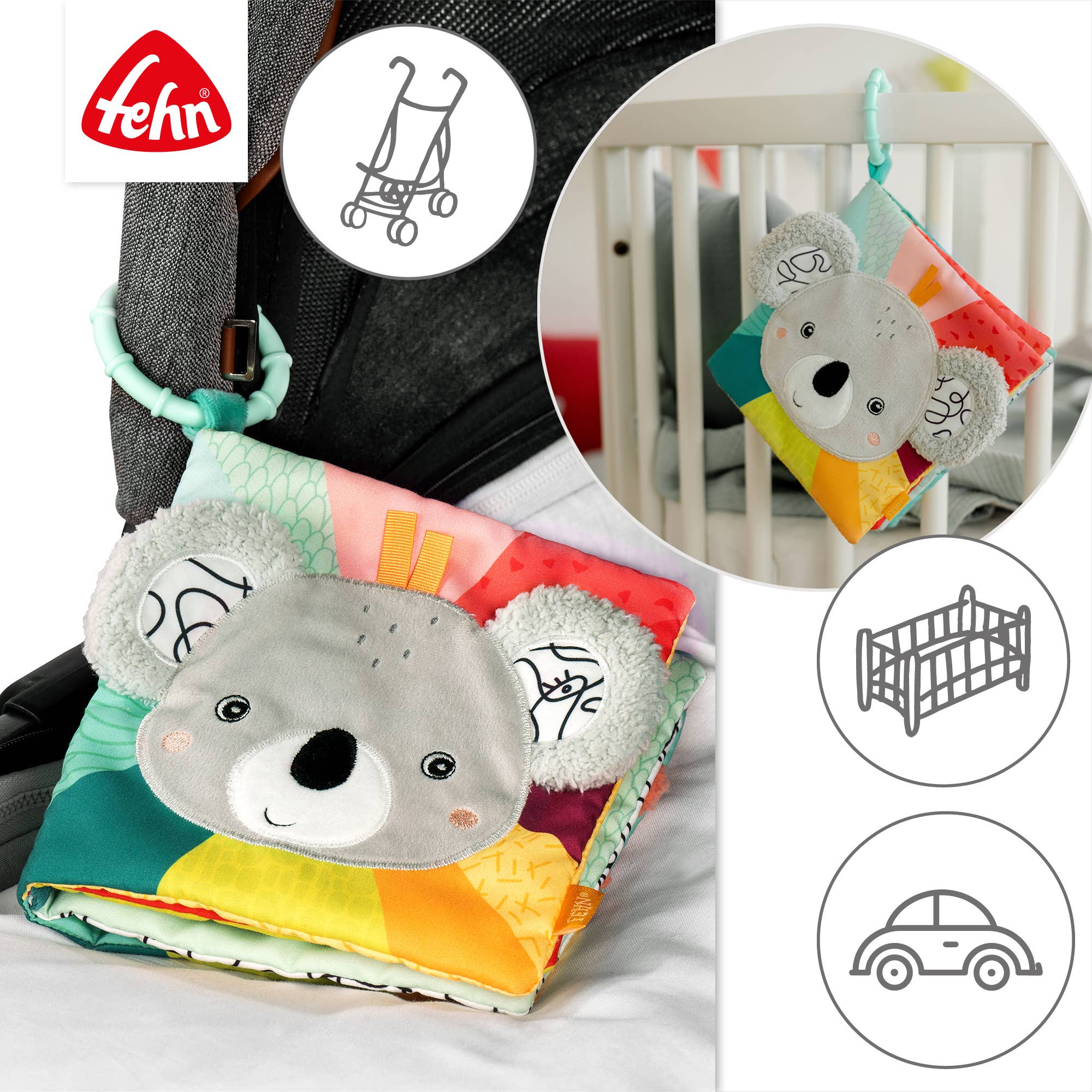 Fehn - Wholesale Crinkle Tag Toy - Baby - Koala fabric book - touch book with animal motifs3