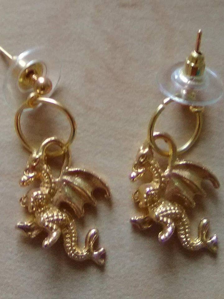 Gold plated dragon stud earrings for wholesale by Lynn's handmade jewelry