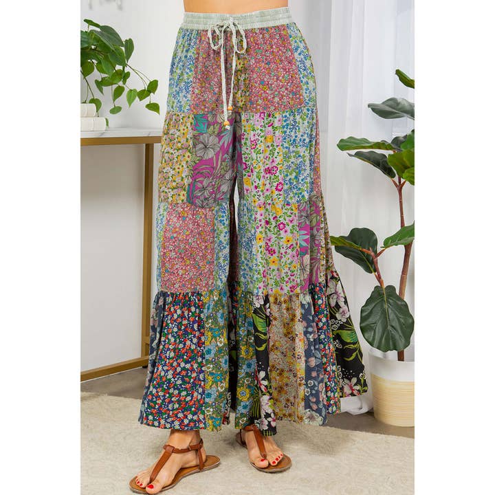 Young Threads - Wholesale Pants - Women's - Printed Patchwork Overdyed Pants With 4 Tiers