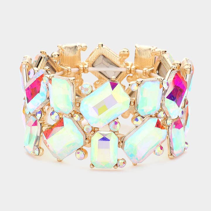 Bracelet de soirée rectangulaire en forme de grappe de pierres de verre rondes et extensibles pour la vente par Sensibling Corp.