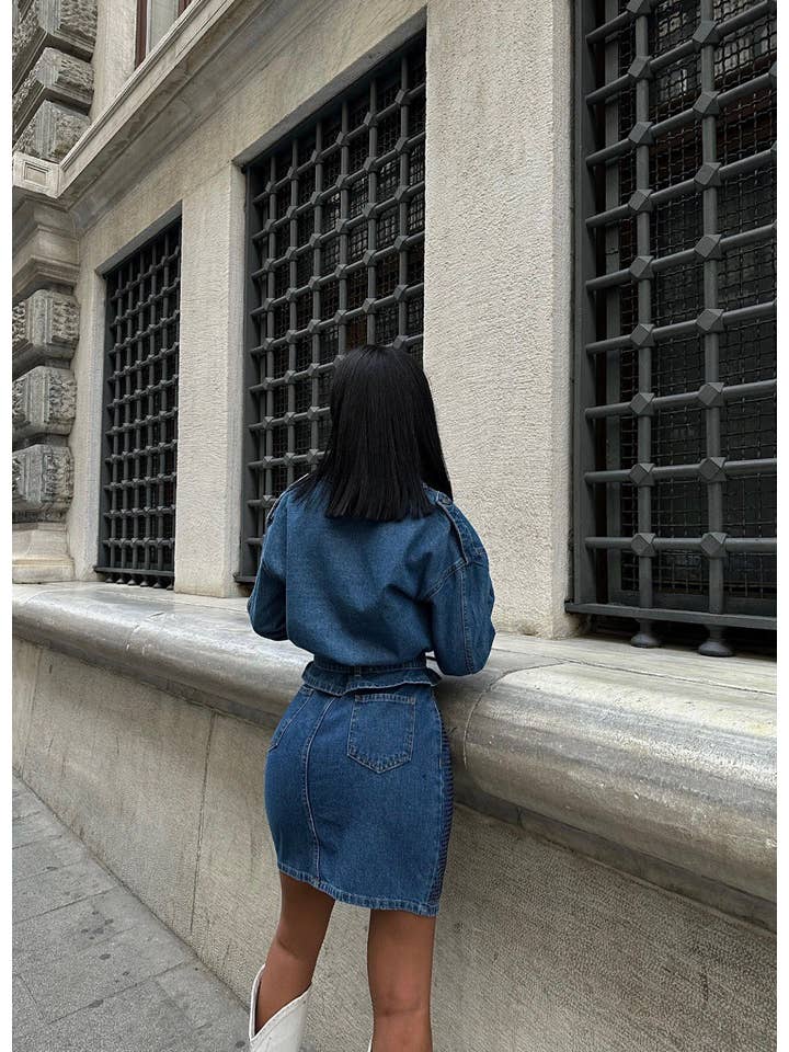 Azul Conjunto de chaqueta y falda vaqueros de venta al por mayor en Faire