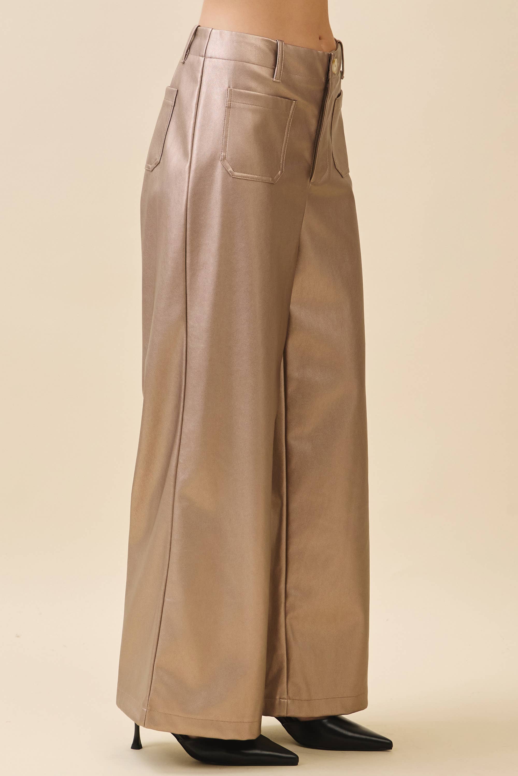 GeeGee x Lovelo - Wholesale Pants - Women's - Metallic Wide-Leg Faux Leather Pants CP521997