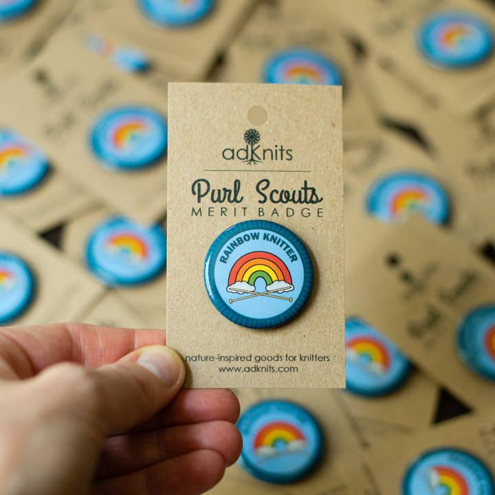 Camp Stitchwood - Wholesale Lapel Pin/Button - Rainbow Knitter Knitting Merit Badge