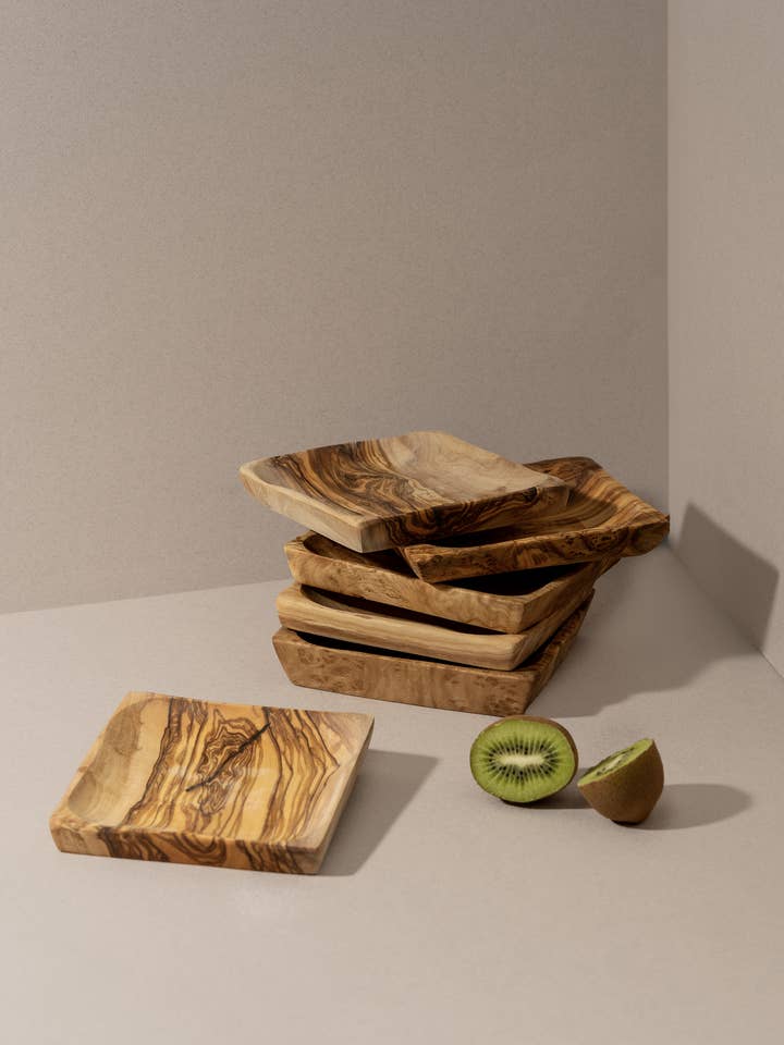 Natural Olive Wood Square Condiment Bowls | Handcrafted for wholesale by GHARYAN Stoneware & Olive Wood Tableware | Canada