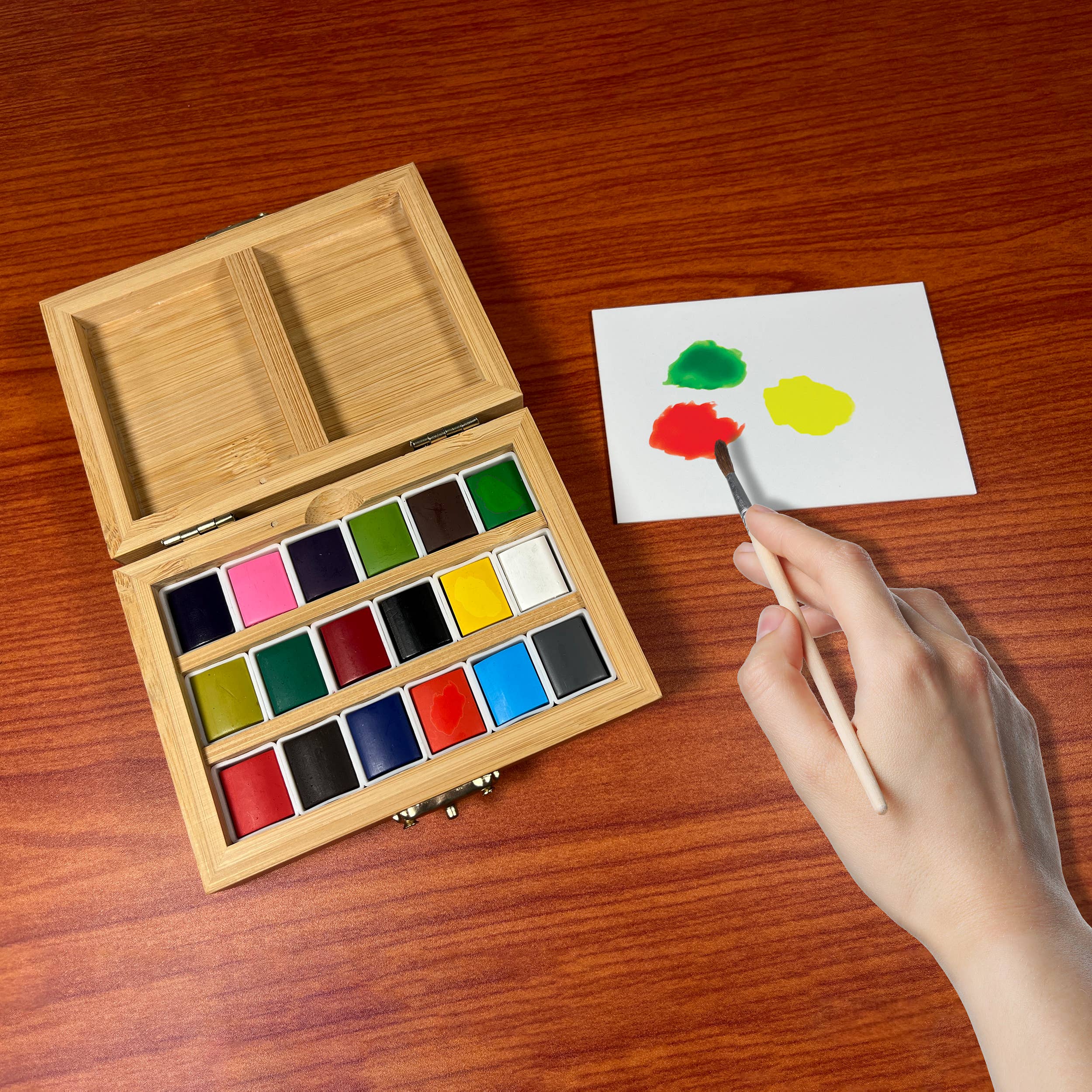elseware unplug / eco-kids - Wholesale Watercolor Paint - Watercolor Set - Eco-Friendly Bamboo Box - 18 Colors2