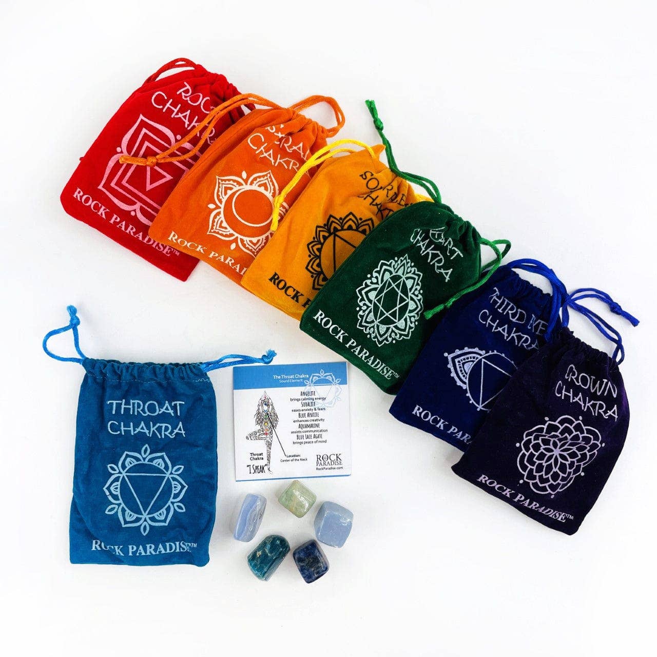 Rock Paradise - Wholesale Spiritual Stone/Crystal - Crystal Chakra Plush Pouch with Info Card & Tumbled Stones10