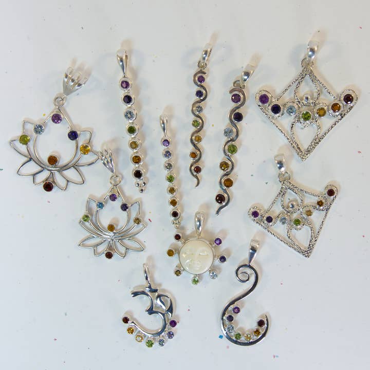 Ajmer by Jodi - Wholesale Individual Charm/Pendant - Moon Face Chakra Pendant in sterling silver ~ 7 faceted gems10