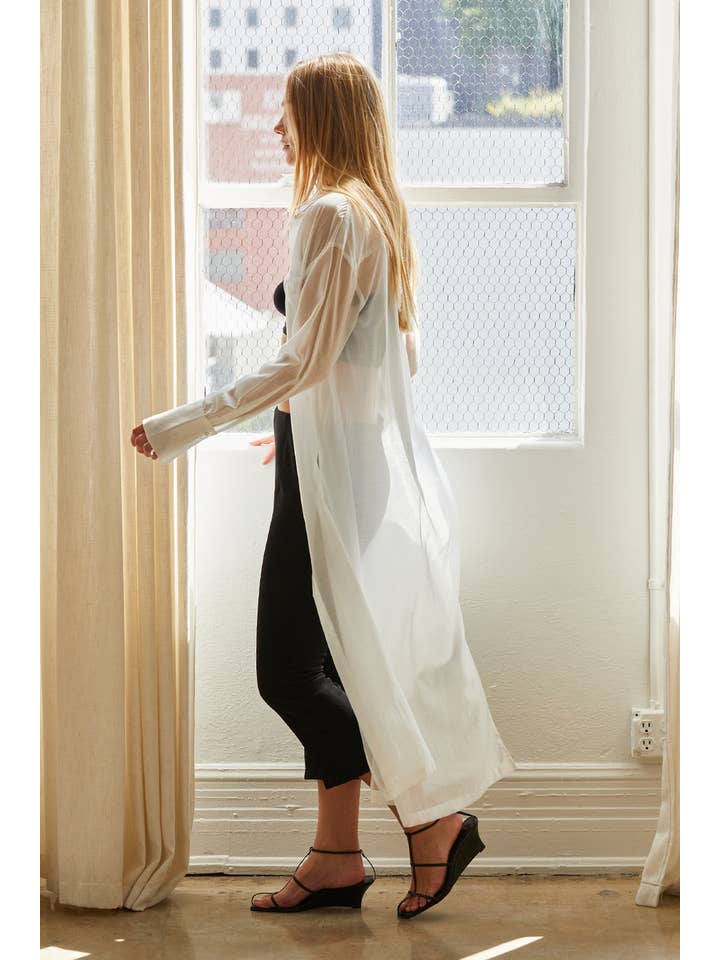 WHITE CT9422 - Tory Long Line Sheer Button Up Top for wholesale on Faire
