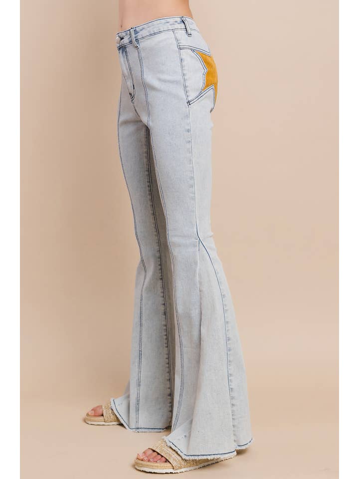 WISTERIA LANE - Wholesale Jeans - Women's - SUEDE STAR FLARED DENIM PANTS - 2317 LT DENIM/ YELLOW
