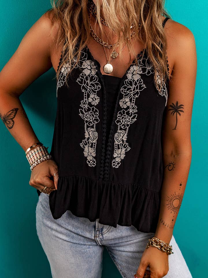 Black Floral Embroidery Ruffled Spaghetti Straps Tank Top for wholesale on Faire