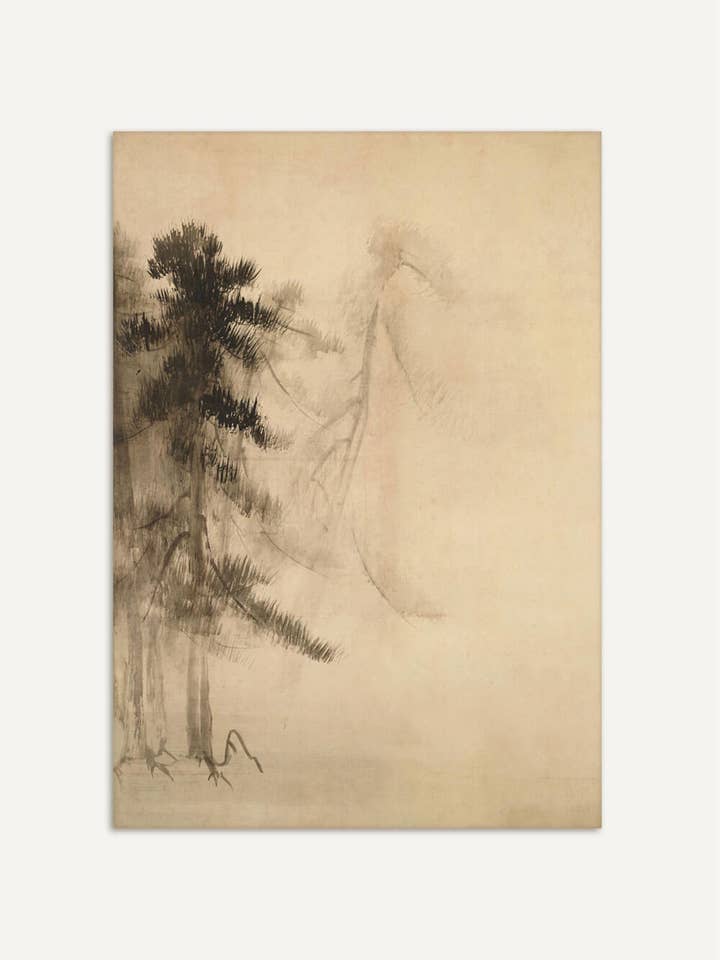 Wabi-Sabi-Kiefern-Skizze – Zeitlose Stille im Nebel VI für den Großhandel von Modern Antique Prints