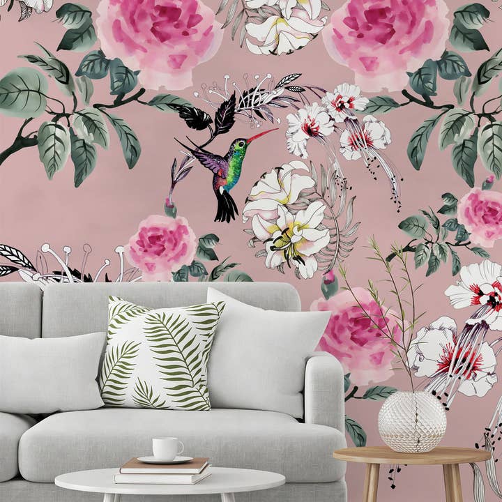 Papier peint nostalgique avec roses roses vintage et oiseaux colorés pour la vente par GK Home Decor