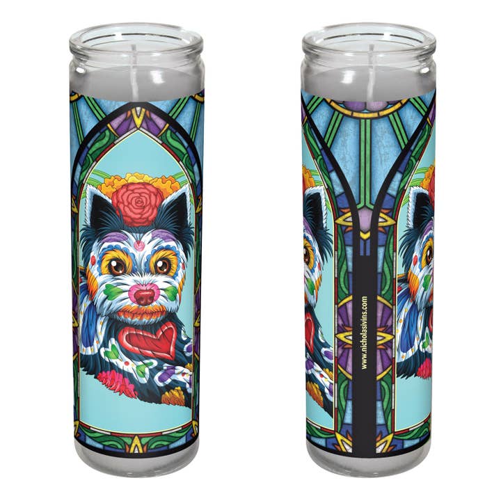 Day of the Dead Dog Yorkshire Terrier Candle - “Filipo” for wholesale by Nicholas Ivins Art & Illustration