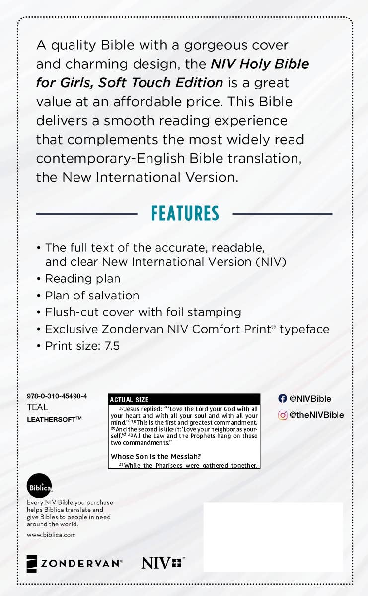 HarperCollins Christian Publishing - Wholesale Religion - NIV Bible for Girls Soft Touch Edition Leathersoft Teal 9