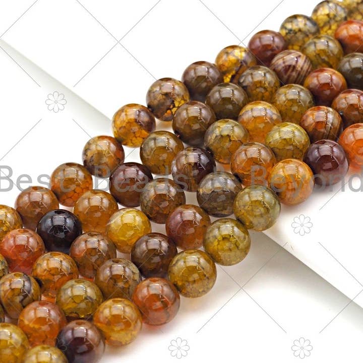 BestBeads&Beyond - Wholesale Beads - High Quality Amber Fire Agate Beads, Dragon Vein Agate, 6mm/8mm/10mm/12mm Round Smooth Amber Fire Agate Beads, 15.5" Full Strand, Sku#UA189