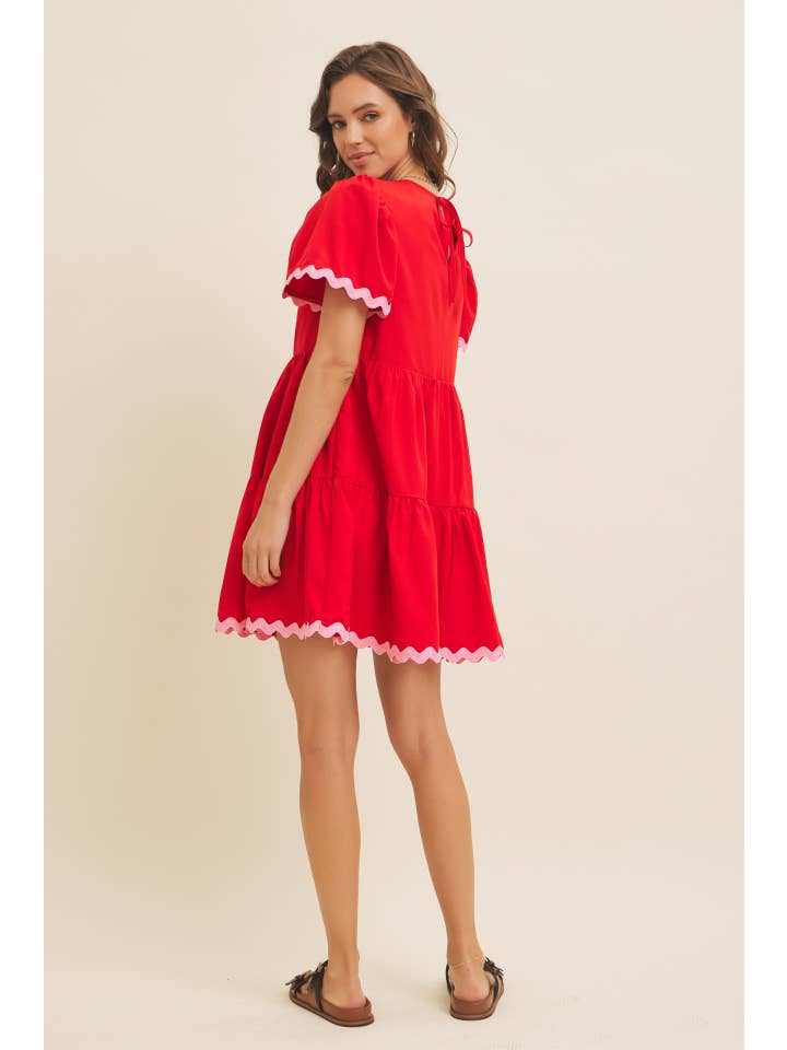RED TIERED MINI DRESS WITH CONTRAST RIC RAC TRIM for wholesale on Faire