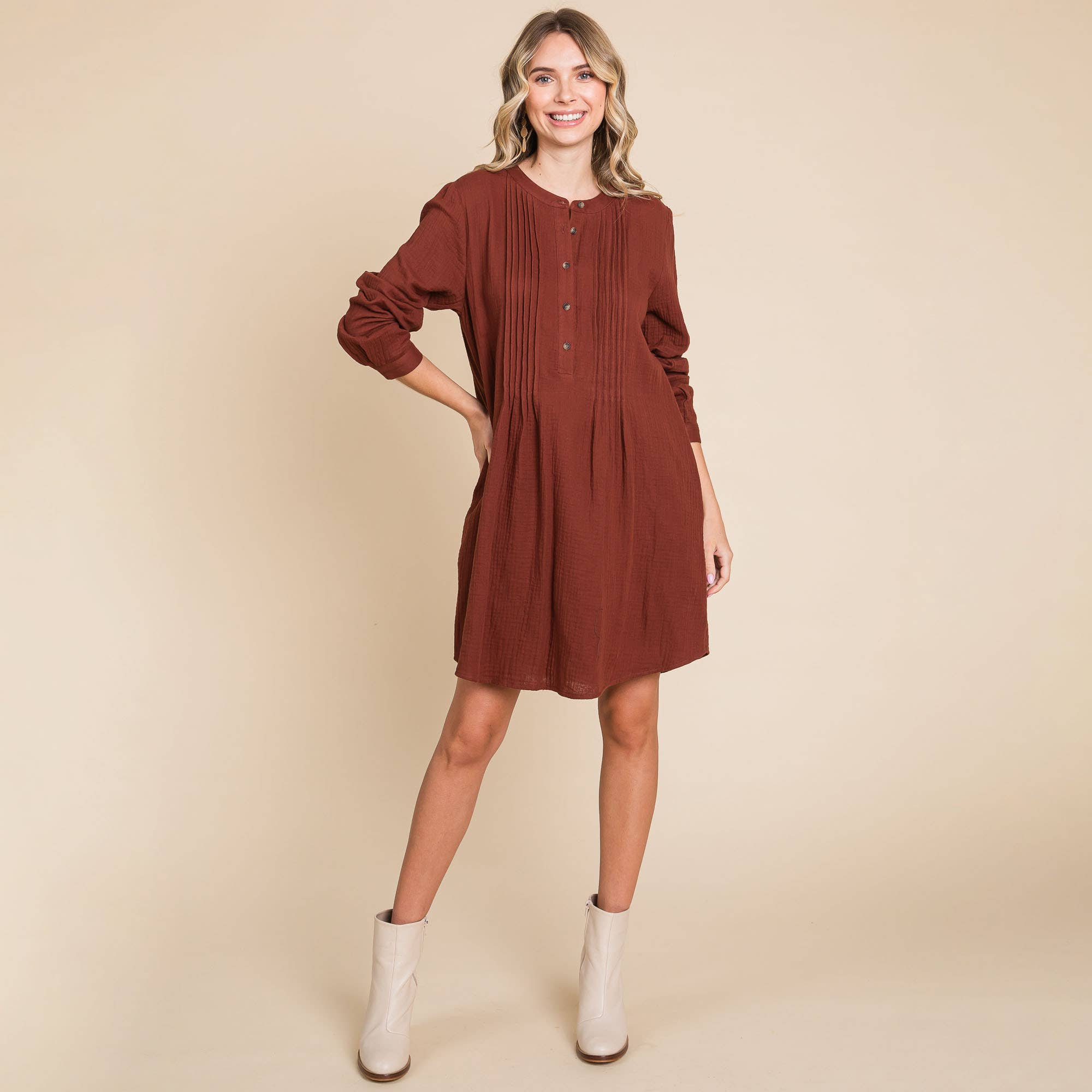 ROLYPOLY - Vente Robe – femme - Robe tunique en coton double gaze manches longues style henley25