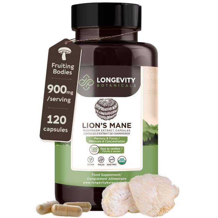 Lion’s Mane Bio 120 Gélules : Complément pour la Concentration et la Mémoire pour la vente par Longevity Botanicals