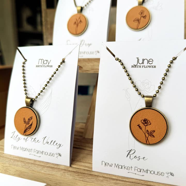 New Market Farmhouse - Wholesale Pendant/Charm Necklace - Birth Month Flower Necklaces - Leather Pendant Necklace Set