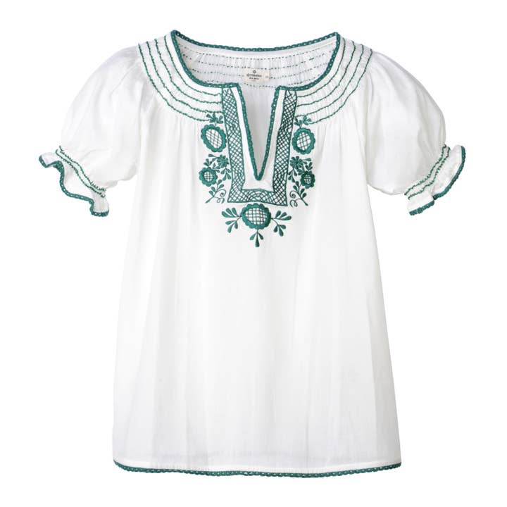 Tunique Zoé Blanc Broderie émeraude pour la vente par GERMAINE DES PRES