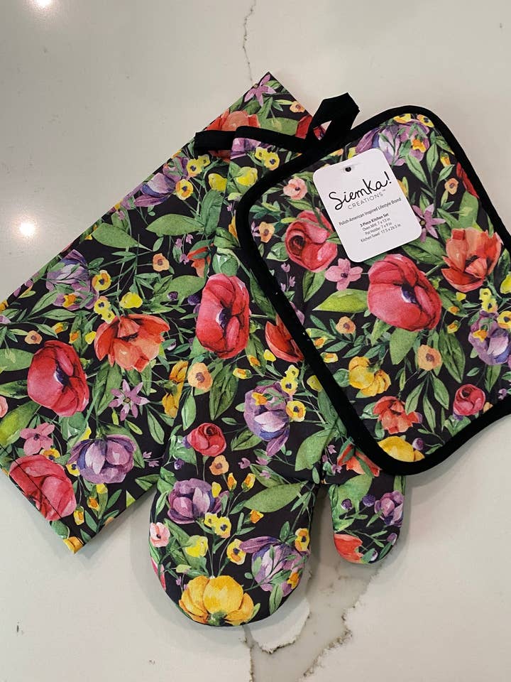 Ensemble de cuisine 3 pièces Full Bloom Black (5 ensembles par commande) pour la vente par Siemka Creations