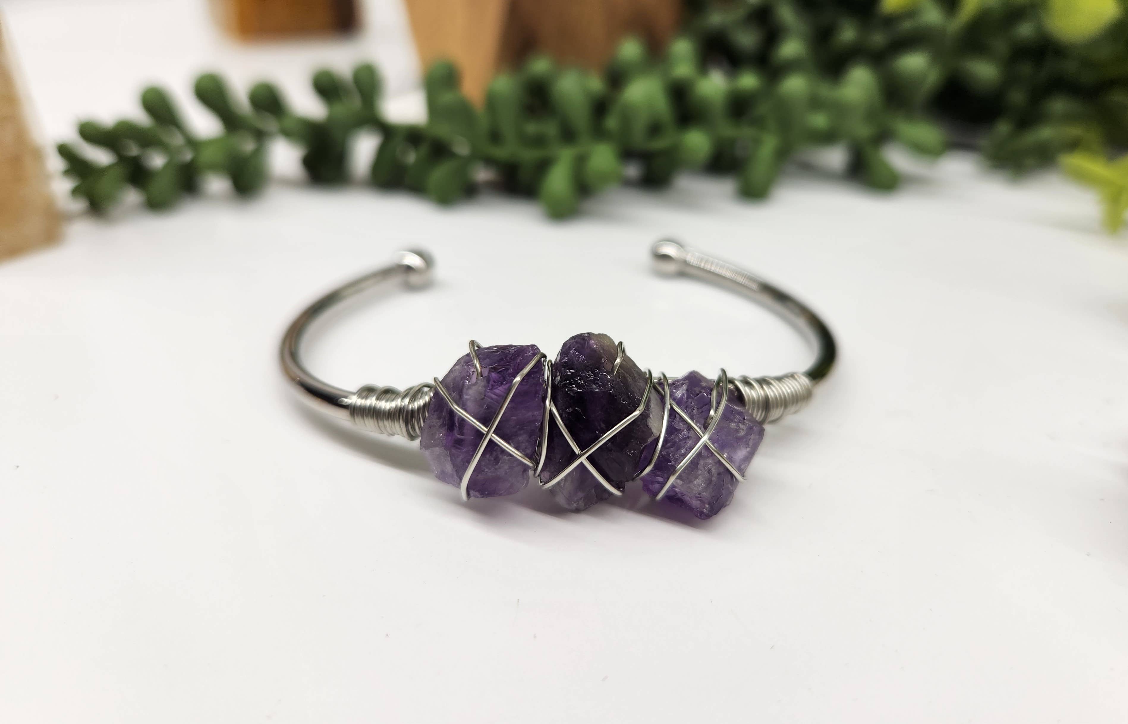Meraki Gemstones - Wholesale Cuff Bracelet - Amethyst 3 Rough Gemstones Wire Wrapped Bangle Bracelet0