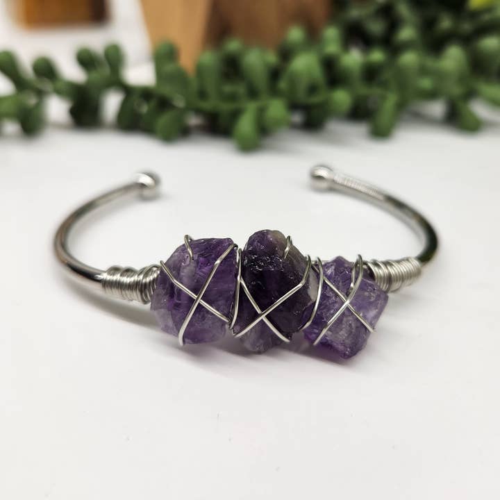 Meraki Gemstones - Wholesale Cuff Bracelet - Amethyst 3 Rough Gemstones Wire Wrapped Bangle Bracelet