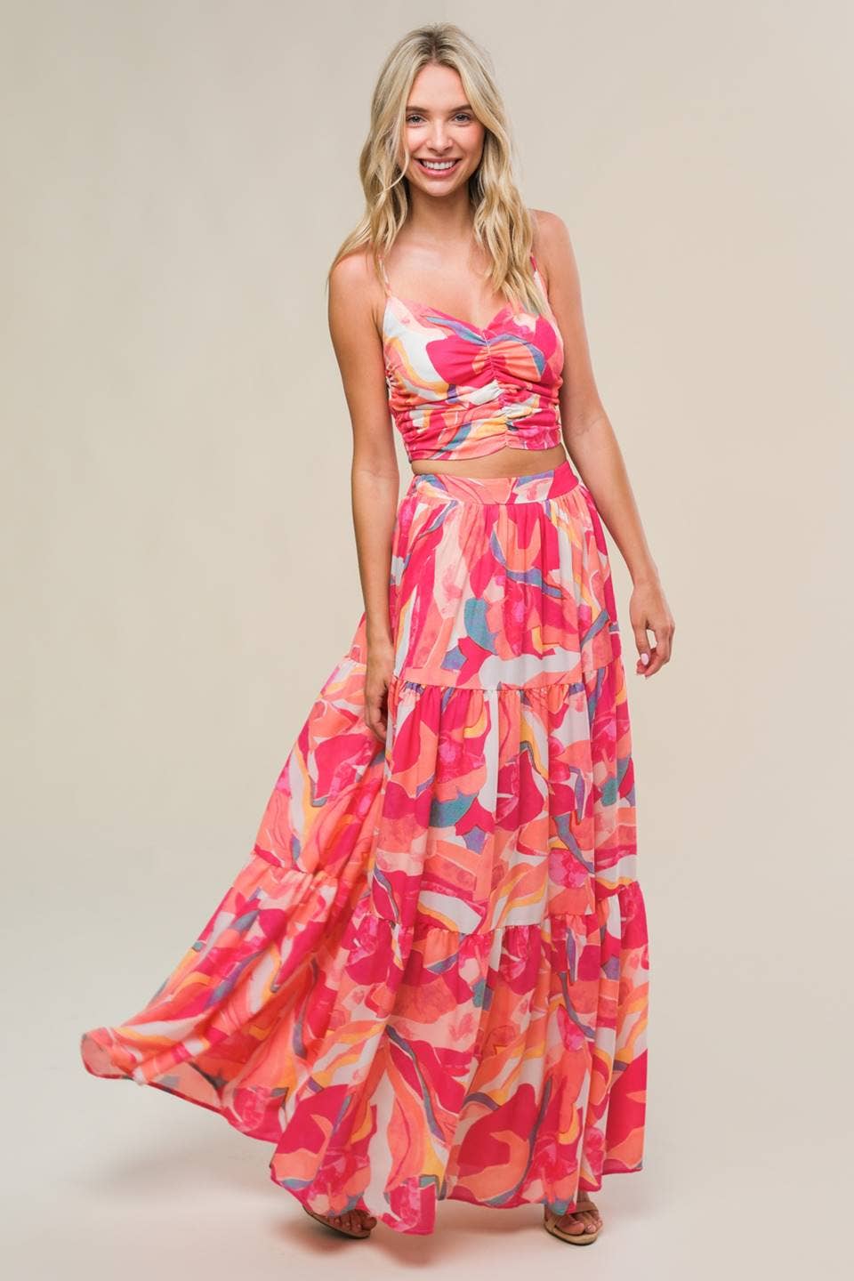 ELFENBEIN FUCHSIE Ein bedrucktes Set aus gewebtem Oberteil und Rock -IT13092-SET für den Großhandel auf Faire