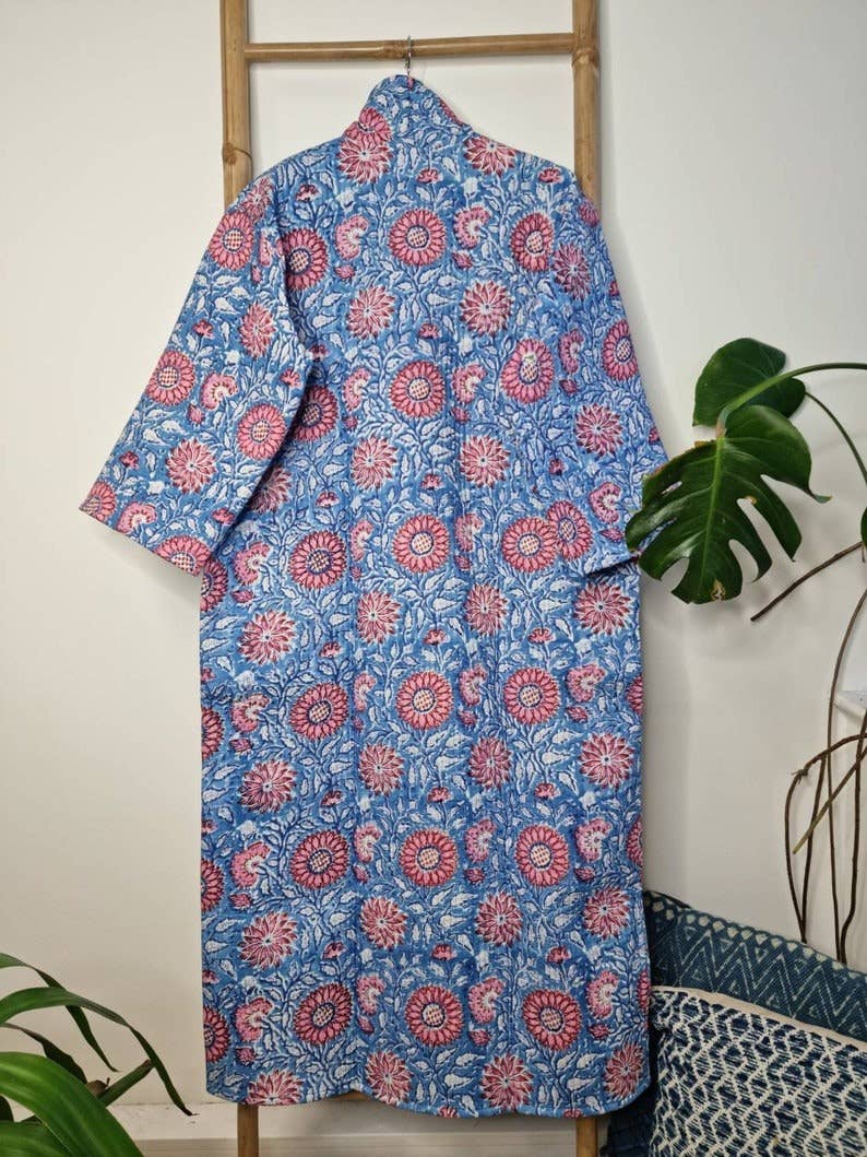 Essential Designs London - Wholesale Robe - Women's - Quilted Unisex Pure Cotton Reversible Long Length Autumn Winter Dressing Boho Kimono Robe HandBlockprint Floral Blossom Green Blue Stripe4