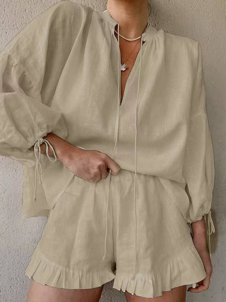 Lily Clothing - Wholesale Top & Short Set (NOT Loungewear) - Women's - COTTON LINEN V-NECK LANTERN SLEEVE SHORTS SUIT
