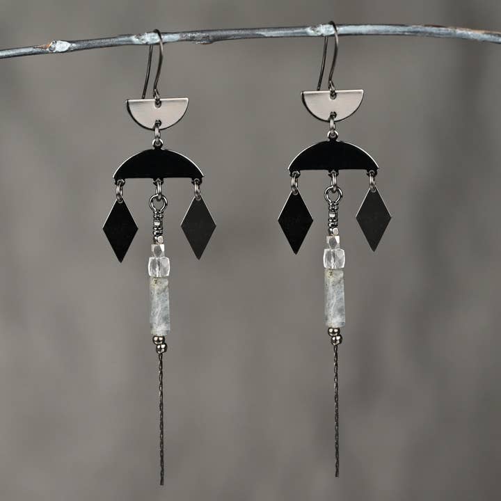 Diamond Drops w/ Semi Precious Tube Bead Earrings (Gunmetal for wholesale by KBD Studio