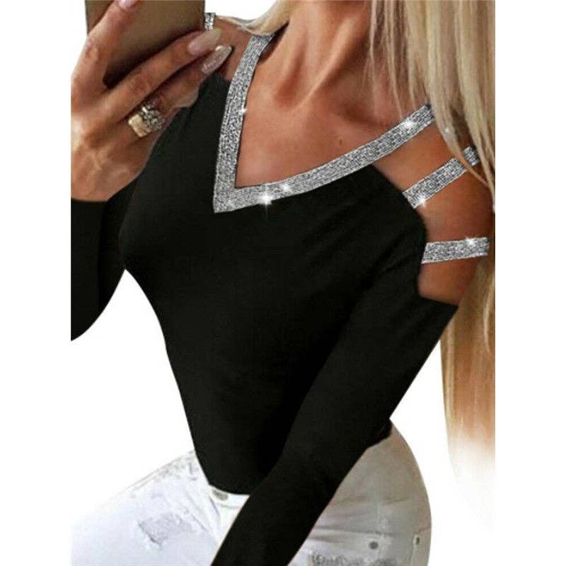 Mirazshoes WholeSale - Wholesale Blouse - Women's - Women's Sequin Embellished V-Neck Long-Sleeved Top Off-Shoulder T-Shirt0
