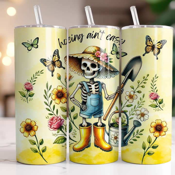 Hoeing ain't Easy Garden Skeleton 20oz Skinny Tumbler for wholesale by Dogwood Graphics & Design