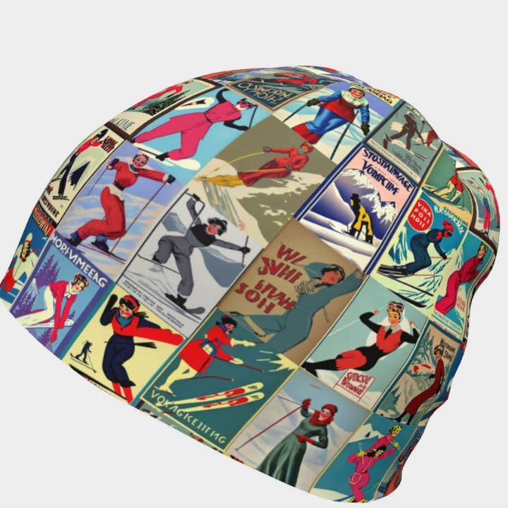 Sofs Designs - Wholesale Beanie - Women's - Beanie with unique vintage woman skiers graphic.
