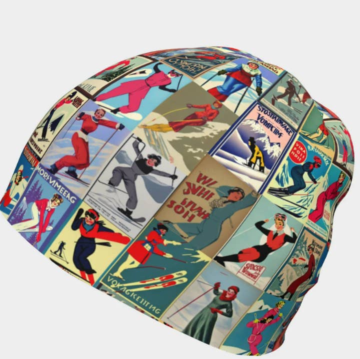 Beanie with unique vintage woman skiers graphic. for wholesale by Sofs Designs