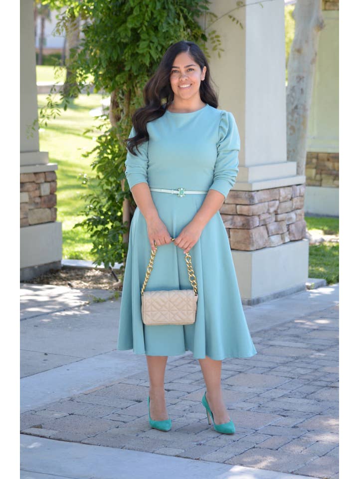 Skirt Society - Venta al por mayor Vestido - Mujer - Vestido Capri Azul Menta Manga Abultada