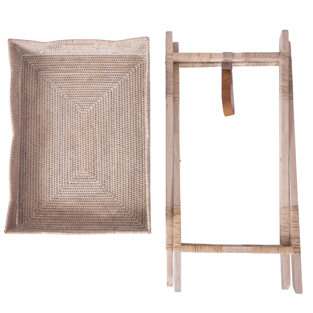 Artifacts Trading Company - Wholesale Patio Table - Rattan Scallop Butler Tray: Folding Wooden Legs4