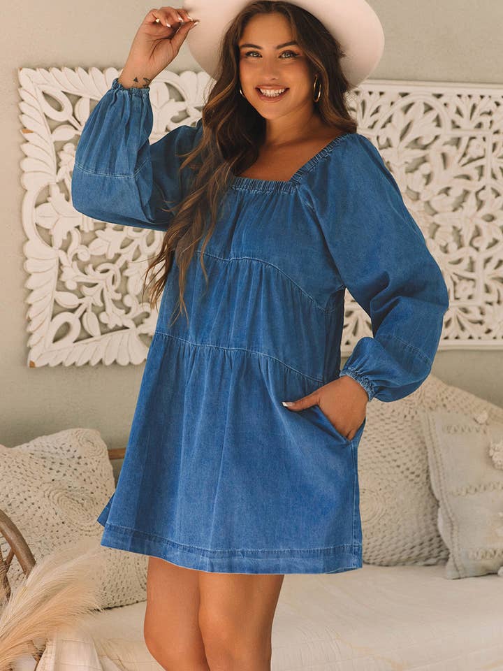 Dusk Blue Square Neck Denim Mini Dress with Side Pockets for wholesale on Faire4
