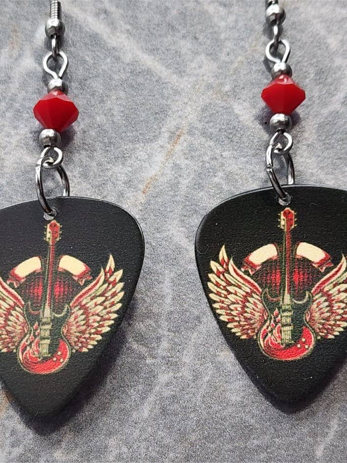 Electric Guitar with Wings Guitar Pick Earrings for wholesale by Simply Raevyn