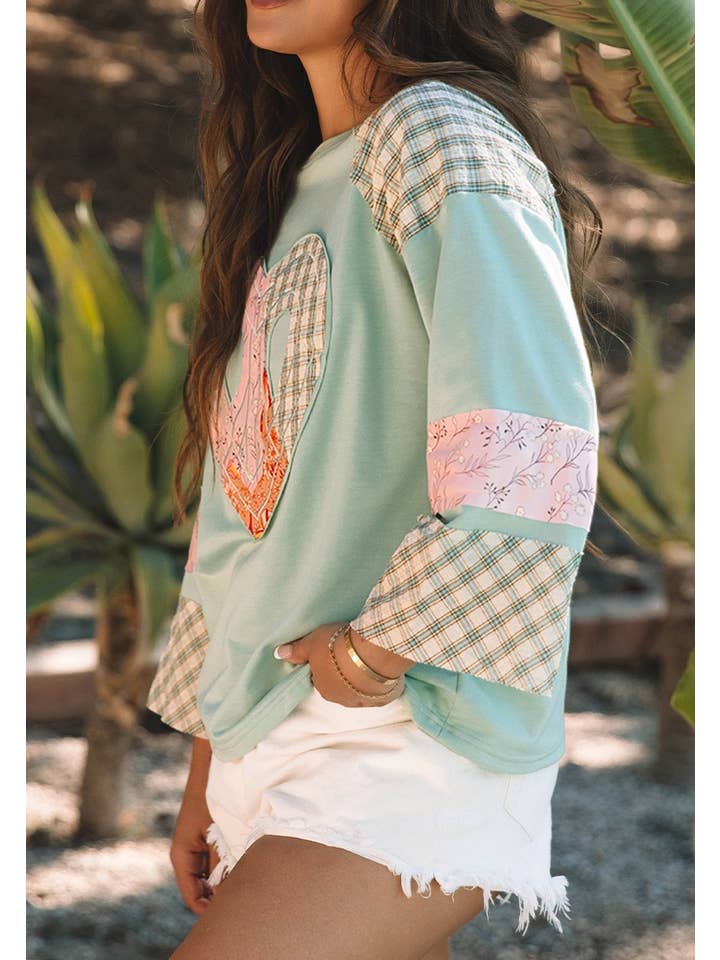 Little Daisy Closet - Wholesale Blouse - Women's - LDC Plaid Floral Patchwork Heart Shape Long Sleeve Top
