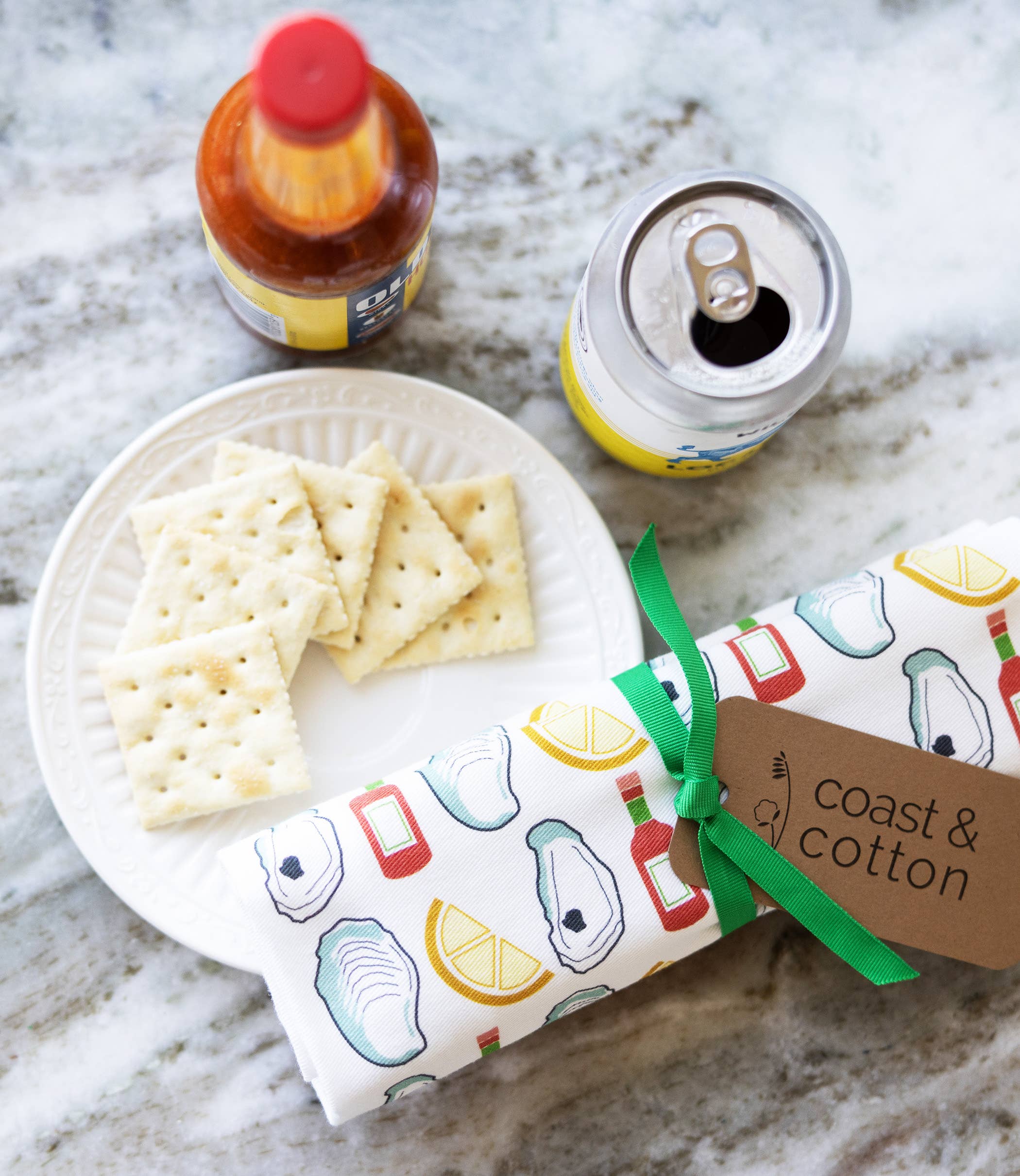 Coast & Cotton - Wholesale Tea Towel - Oysters & Hot Sauce, Organic Cotton Tea Towel1